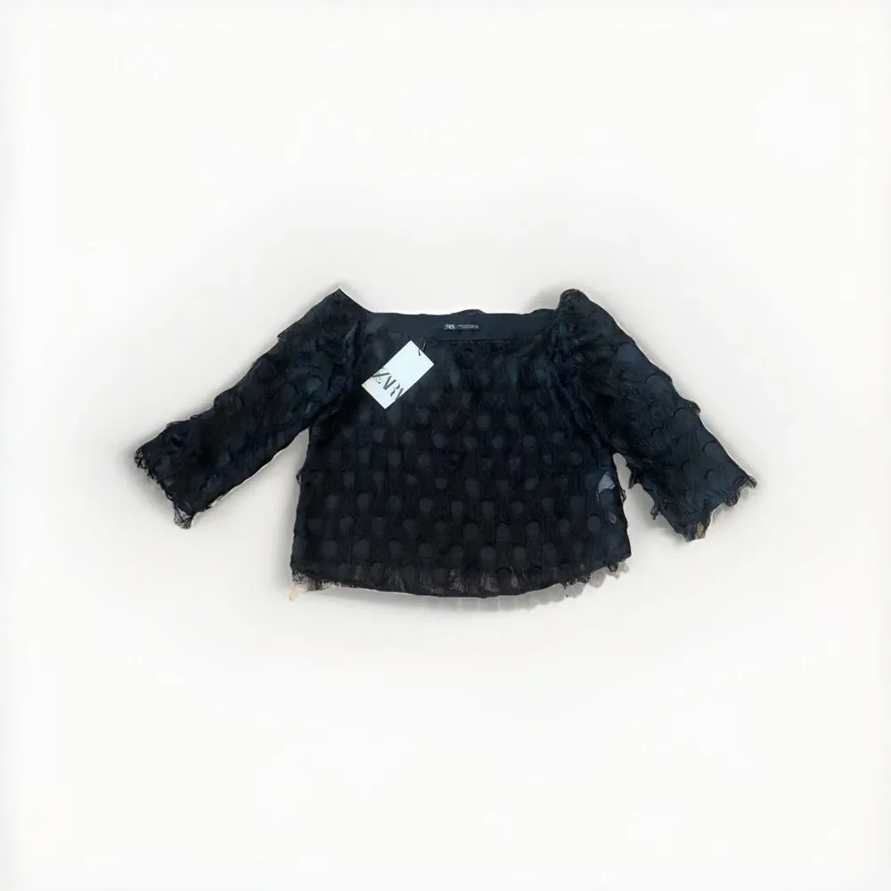 Women's Zara Black Polka Dot Boat Neck Semi Sheer  Cropped Top Size XS